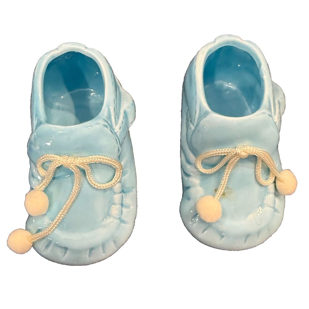 2x Vintage Blue Baby Boots Shoes Vase Planter 2 1/4" Tall